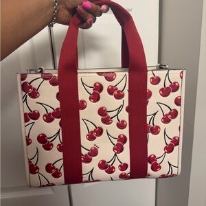 Cherry Print Tote Bag with Red Handles